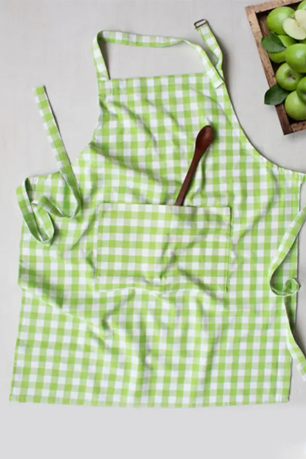 Cotton Gingham Check Green Free Size Apron