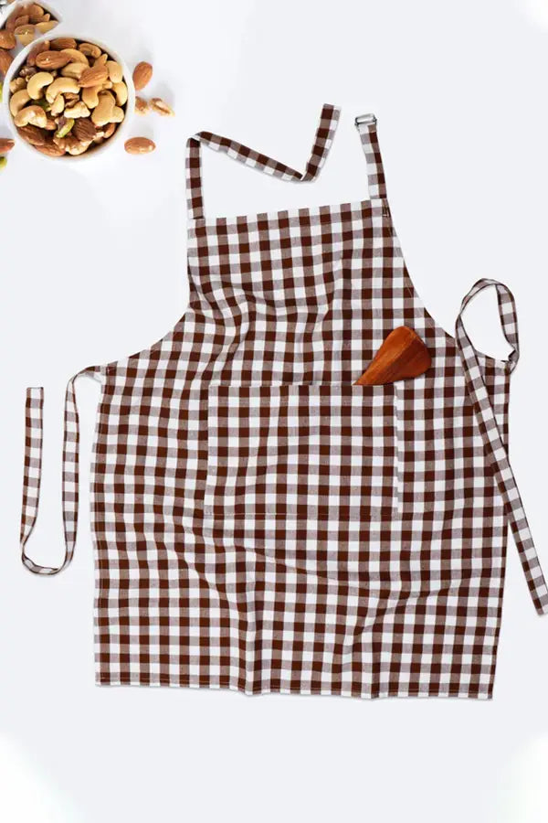 Cotton Gingham Check Brown Free Size Apron