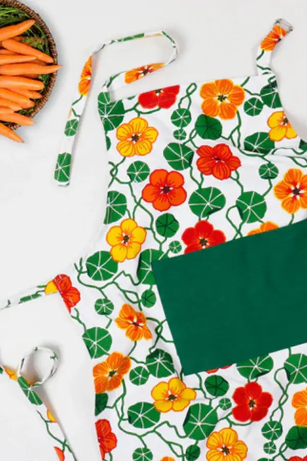 Cotton Green & Orange Flower with Green Solid Pocket Free Size Apron