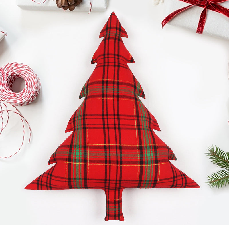 Cotton Christmas Checks with Lurex Designed, Bell / Candy / Star / Tree Shaped Cushion with Recron Filled Pack Of 1 pc