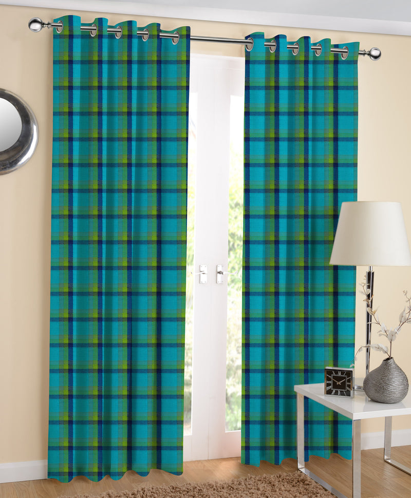 Cotton Iran Check Blue 5ft Window Curtains Pack Of 2