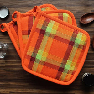 Cotton Iran Check Orange Pot Holders Pack Of 3 freeshipping - Airwill