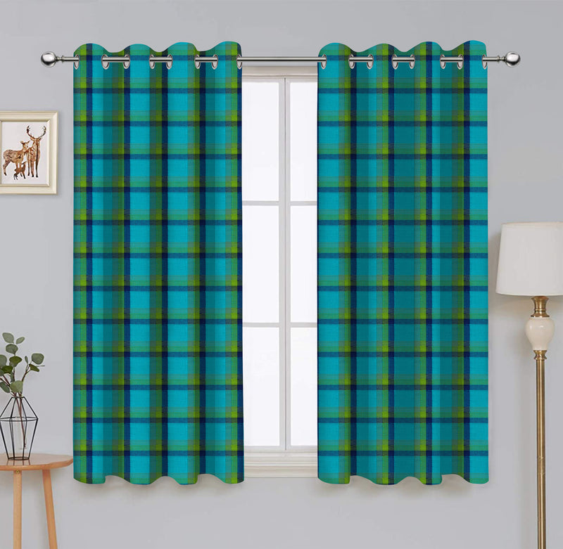 Cotton Iran Check Blue 7ft Door Curtains Pack Of 2