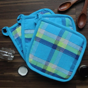 Cotton Iran Check Blue Pot Holders Pack Of 3 freeshipping - Airwill