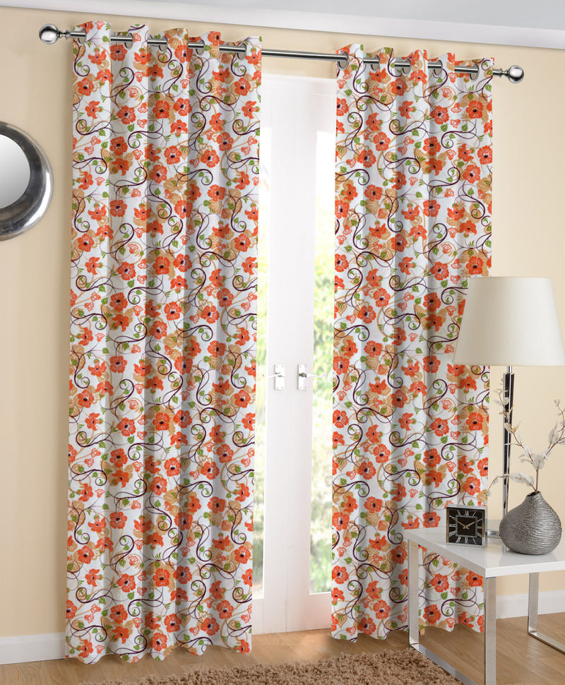 Cotton Orange Flower 7ft Door Curtains Pack Of 2