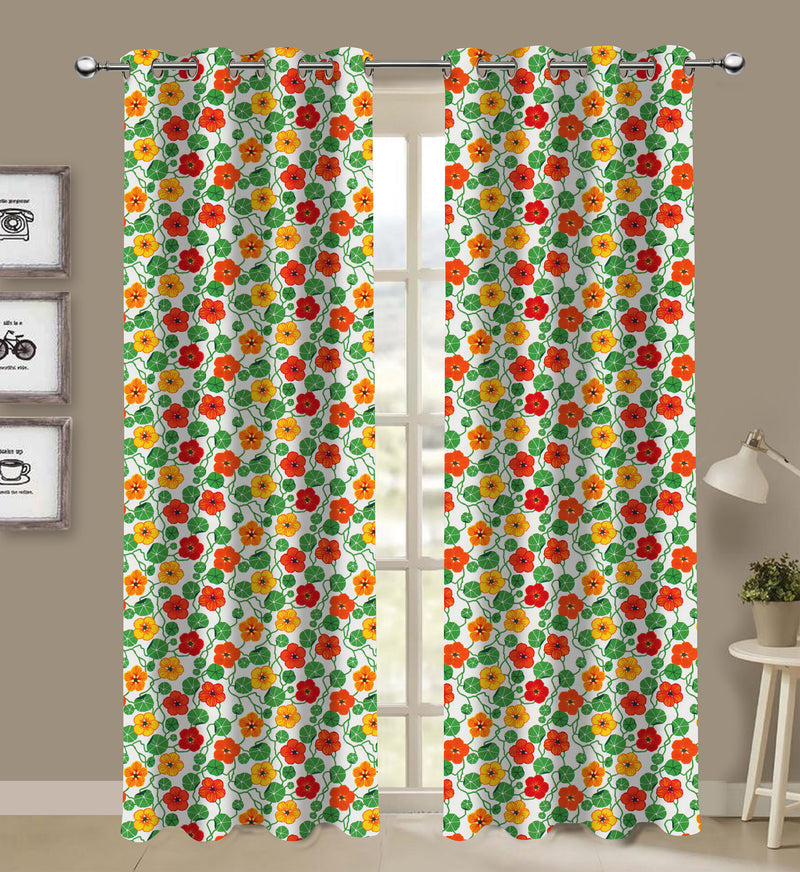 Cotton Green & Orange Floral Long 9ft Door Curtains Pack Of 2