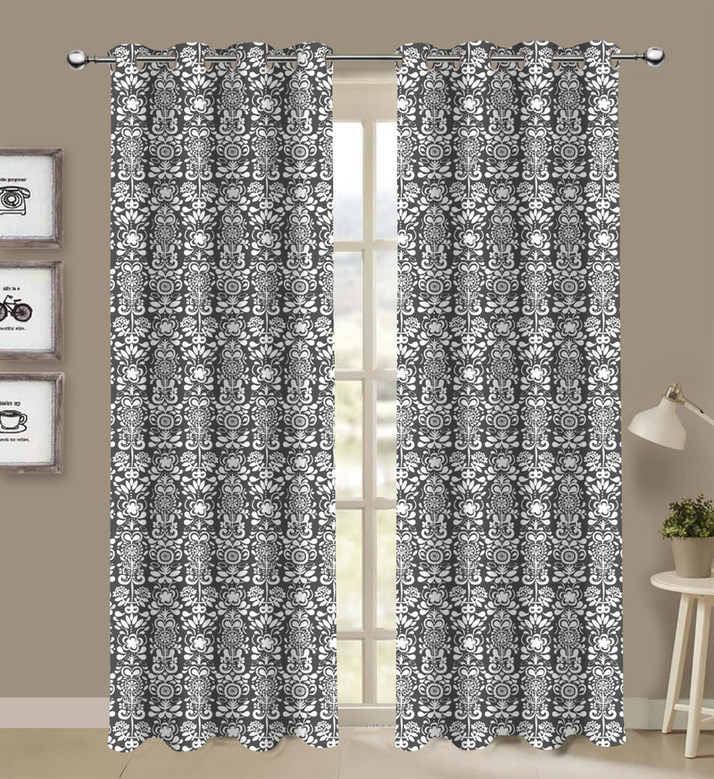 Cotton Grey Damask Long 9ft Door Curtains Pack Of 2