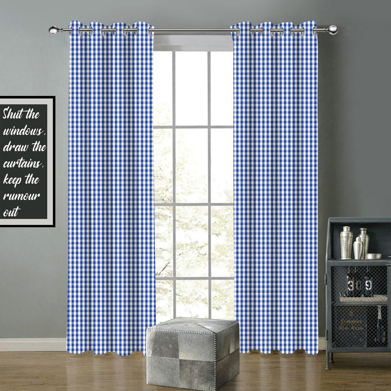 Cotton Gingham Check Blue 9ft Long Door Curtains Pack Of 2