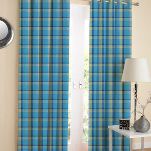 Cotton Iran Check Blue 7ft Door Curtains Pack Of 2 freeshipping - Airwill