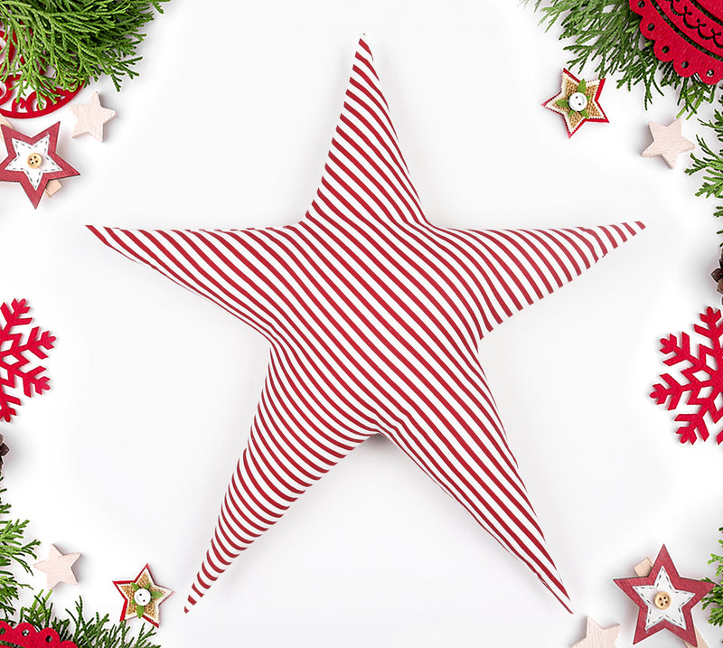 Cotton Christmas Big Red Cross Designed, Bell / Candy / Star / Tree Shaped Cushion with Recron Filled Pack Of 1 pc