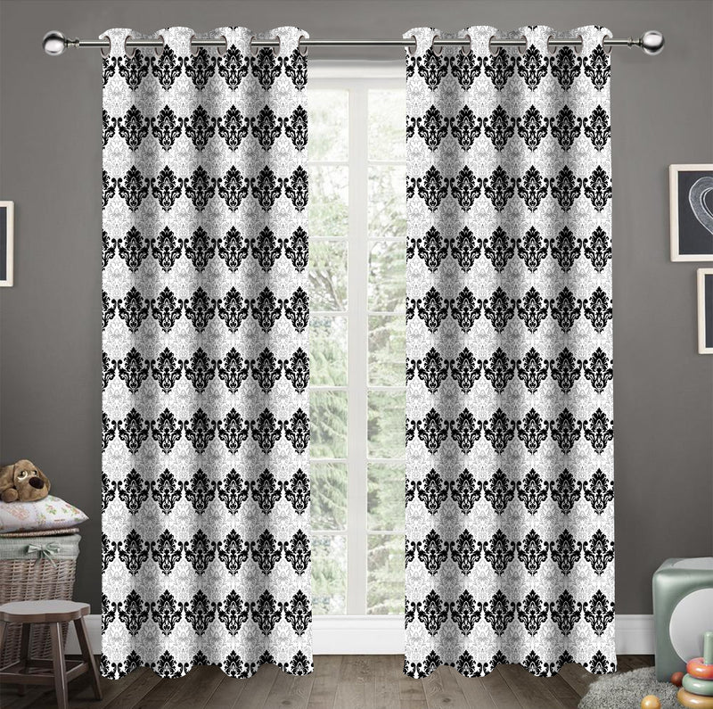 Cotton Black & White Damask Long 9ft Door Curtains Pack Of 2