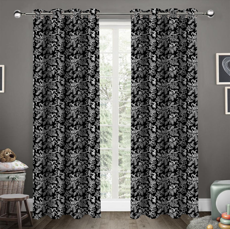 Cotton Black Flower 5ft Window Curtains Pack Of 2