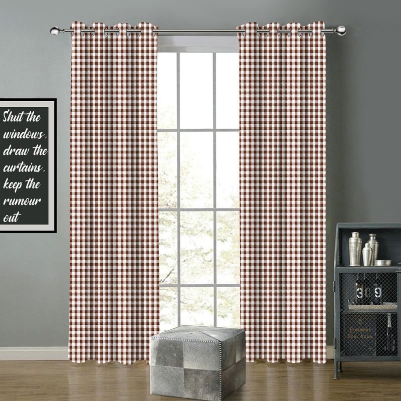 Cotton Gingham Check Brown 9ft Long Door Curtains Pack Of 2
