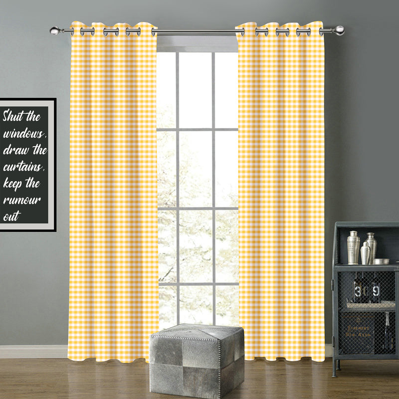 Cotton Gingham Check Yellow Long 9ft Door Curtains Pack Of 2