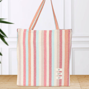 Cotton Canvas Striped Shopping Tote Bag