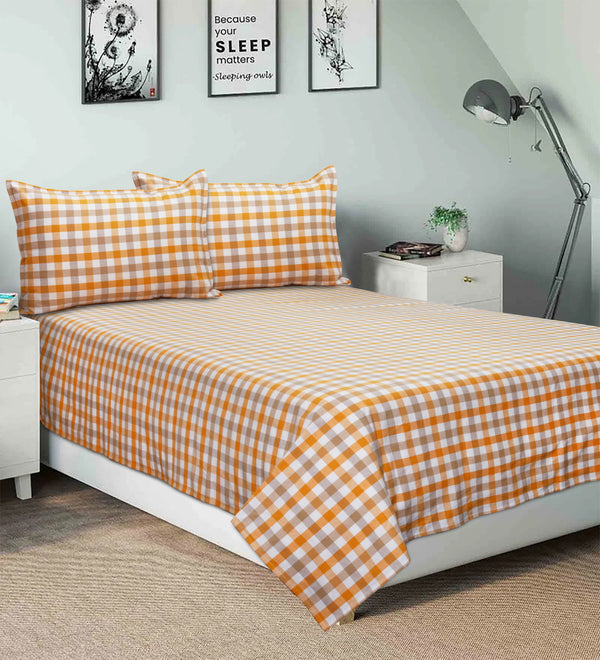 Cotton Checkered Bedsheet with Pillow Covers (Yellow, Beige) - available sizes, Single, Double/Queen, King and Super King