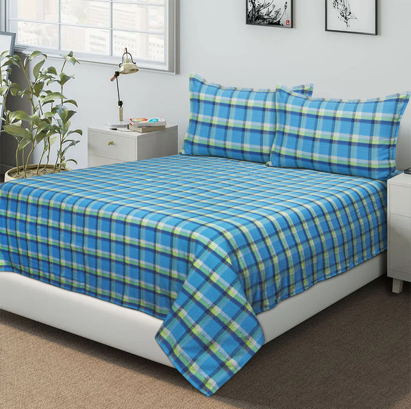 Cotton Dobby Checkered Double Bedsheet with 2 Pillow Covers (Pack of 3, Blue)