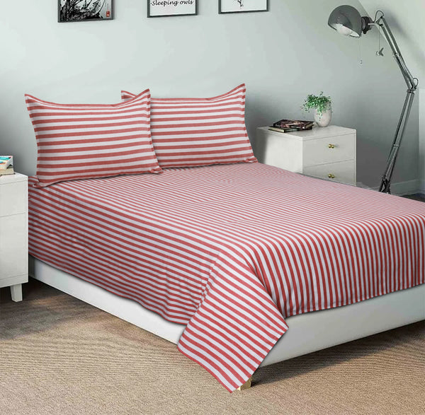 Cotton Striped Double Bedsheet with 2 Pillow Covers (Pack of 3, Red)