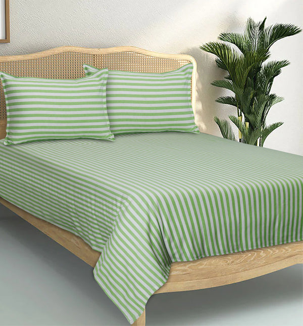 Cotton Striped Double Bedsheet with 2 Pillow Covers (Pack of 3, Green)
