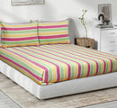 Cotton Designer Striped Bedsheet with Pillow Covers (Pink, Yellow, Green) - available sizes, Single, Double/Queen, King and Super King