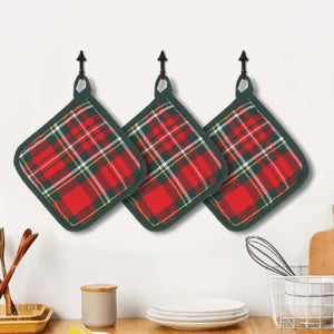 Cotton Christmas Check Red with Green Pipe Pot Holders Pack Of 3