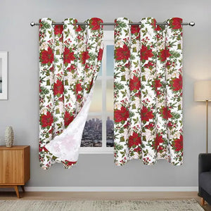 Cotton Xmas Maroon Flower 5ft Window Curtains Pack Of 2