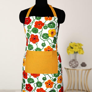 Cotton Green and Orange Flower With Yellow Solid Pocket Free Size Apron