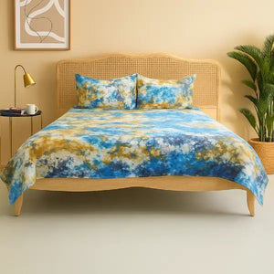 Cotton Holi Designs Blue Double Bedsheet With 2 Pillow Covers Pack Of 3