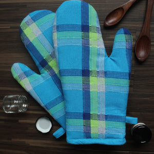 Cotton Iran Check Blue Oven Gloves Pack Of 2