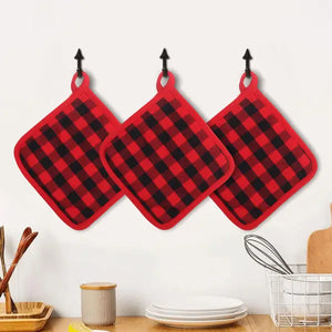 Cotton Christmas Check Black with Red Piping Pot Holders Pack Of 3