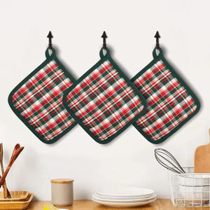 Cotton Xmas Check Green with Red Pot Holders Pack Of 3