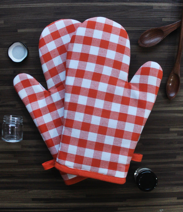 Cotton Gingham Check Orange Oven Gloves Pack Of 2 freeshipping - Airwill
