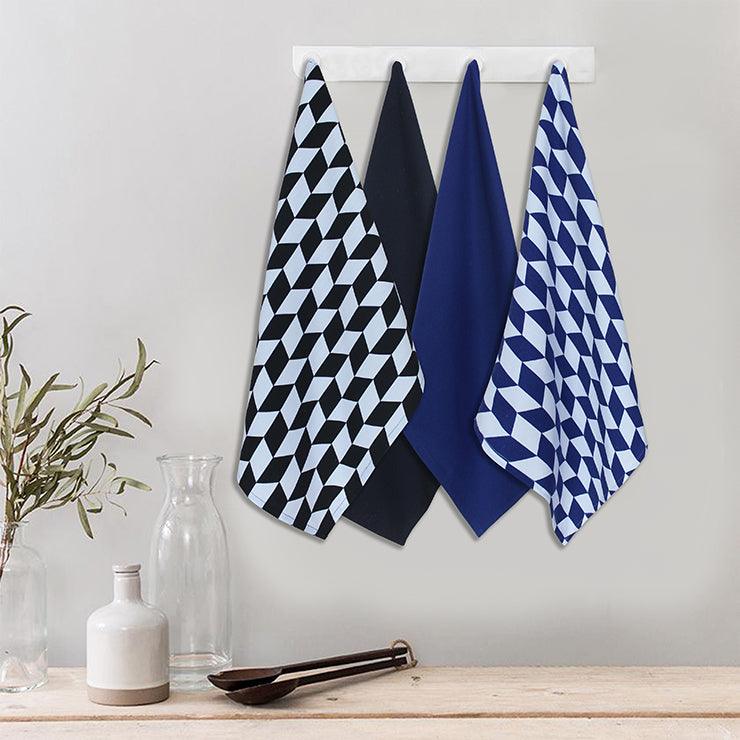Cotton Classic Diamond Royal Blue and Black Kitchen Towels Pack Of 4 freeshipping - Airwill