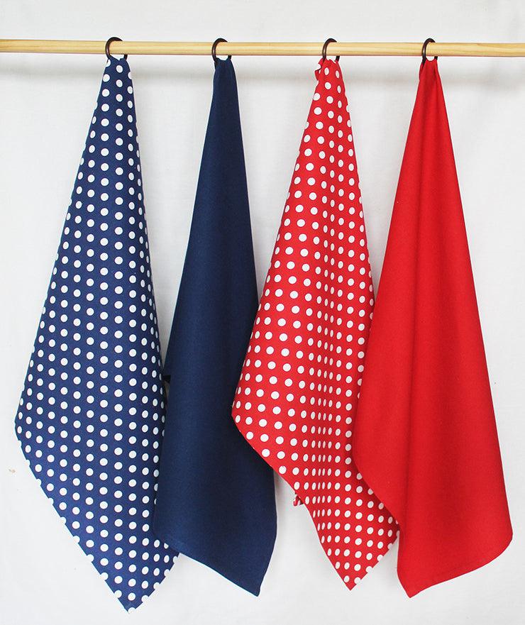 Cotton Polka Dot Blue and Red Kitchen Towels Pack Of 4 freeshipping - Airwill