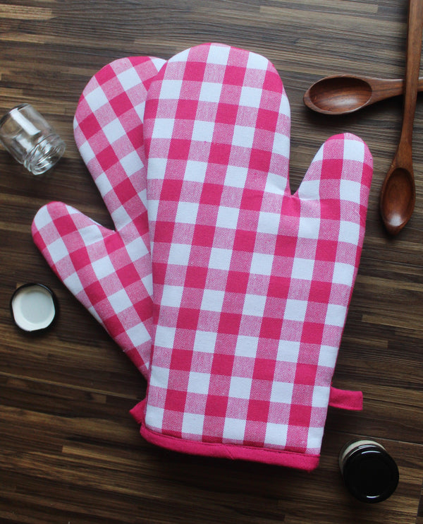 Cotton Gingham Check Rose Oven Gloves Pack Of 2 freeshipping - Airwill