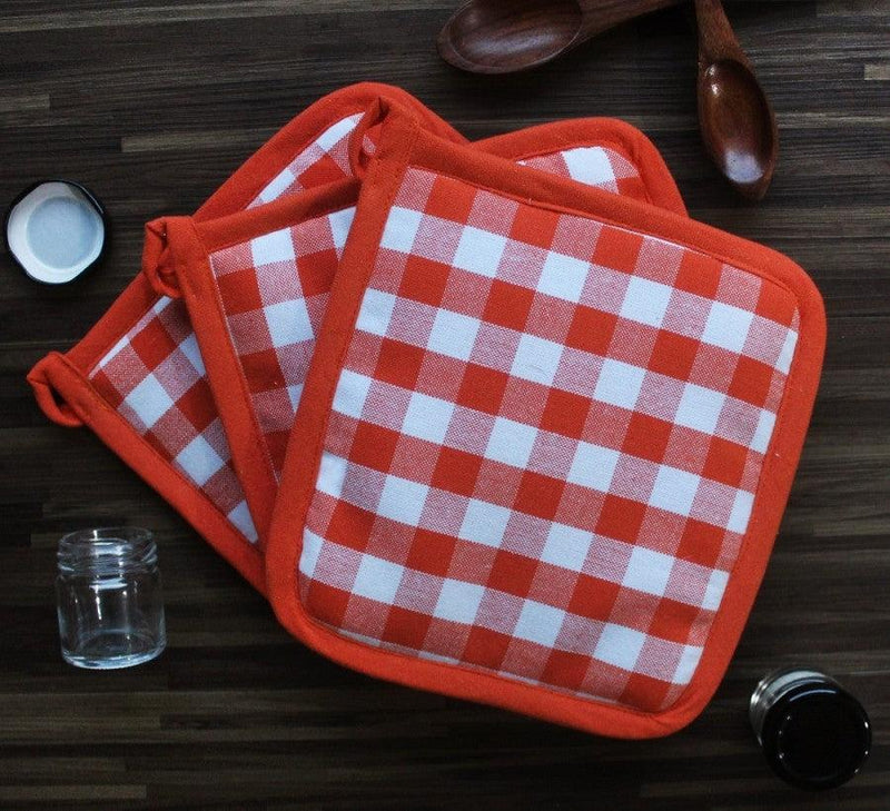 Cotton Gingham Check Orange Pot Holders Pack Of 3 freeshipping - Airwill