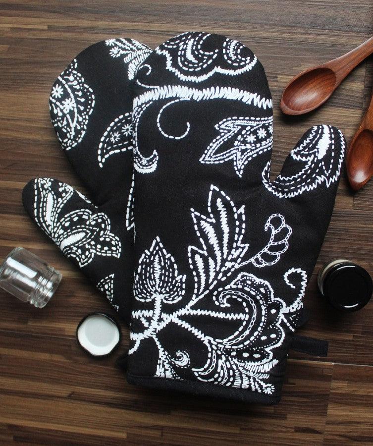 Cotton Black Flower Oven Gloves Pack Of 2 freeshipping - Airwill