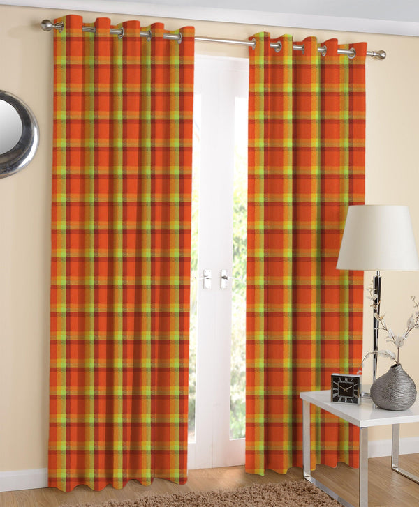 Cotton Iran Check Orange Long 9ft Door Curtains Pack Of 2 freeshipping - Airwill