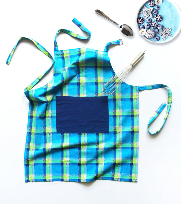 Cotton Iran Check Blue With Solid Pocket Free Size Apron Pack Of 1 freeshipping - Airwill