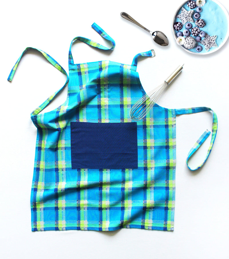 Cotton Iran Check Blue With Solid Pocket Free Size Apron Pack Of 1 freeshipping - Airwill