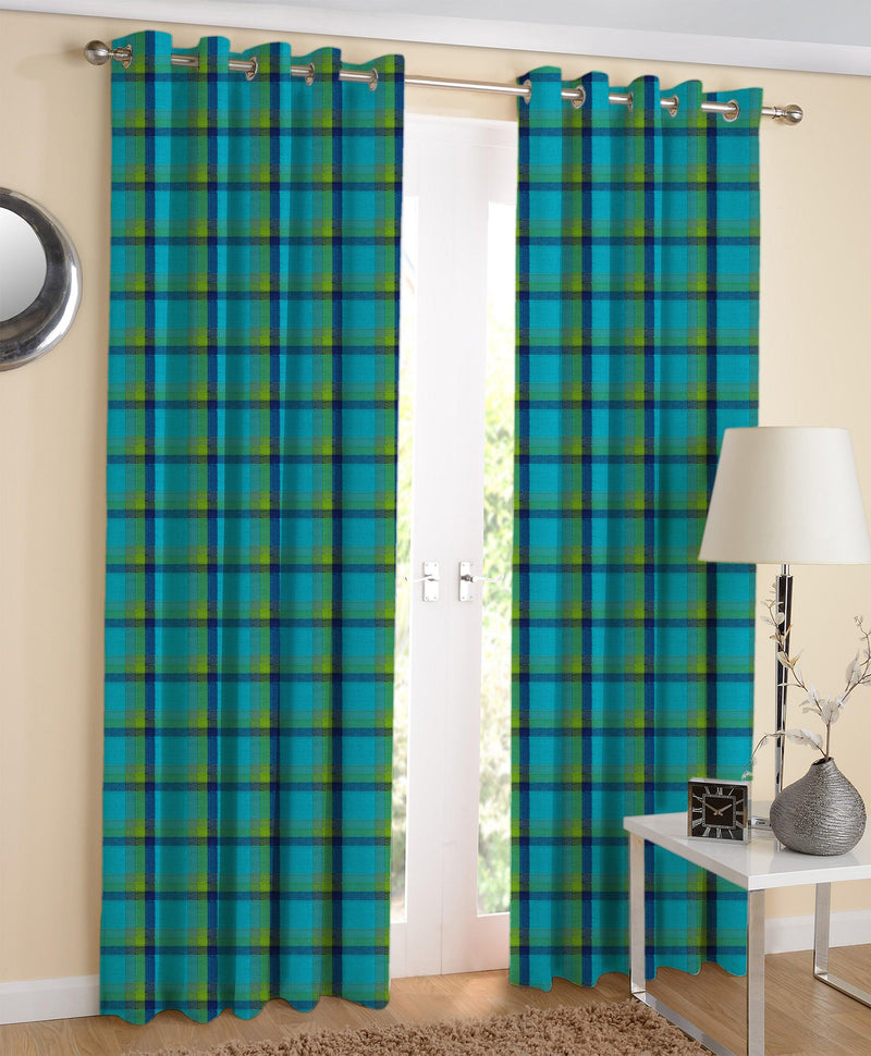 Cotton Iran Check Blue Long 9ft Door Curtains Pack Of 2 freeshipping - Airwill