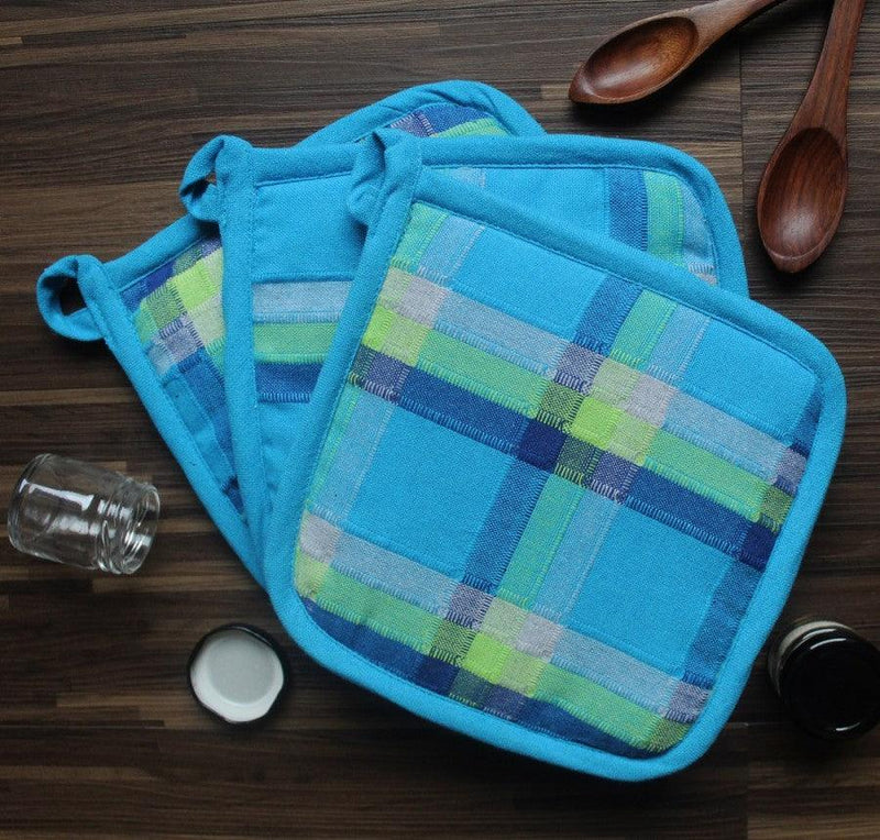 Cotton Iran Check Blue Pot Holders Pack Of 3 freeshipping - Airwill