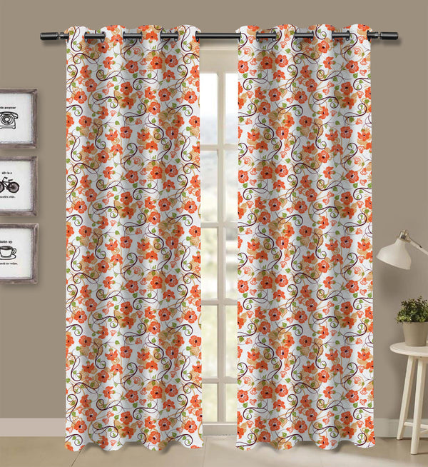 Cotton Orange Floral 7ft Door Curtains Pack Of 2 freeshipping - Airwill