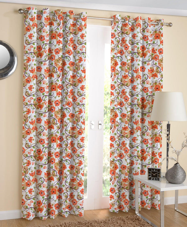 Cotton Orange Floral Long 9ft Door Curtains Pack Of 2 freeshipping - Airwill