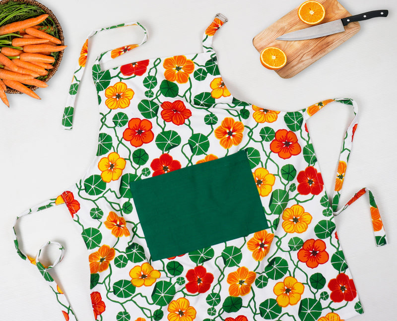 Cotton Green and Orange Flower With Green Solid Pocket Free Size Apron Pack Of 1 freeshipping - Airwill