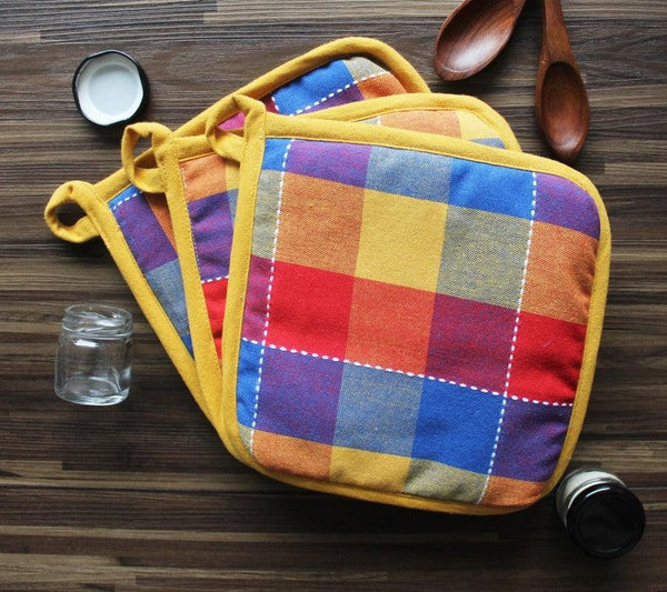 Cotton Adukalam Check With Yellow Piping Pot Holders Pack Of 3 freeshipping - Airwill