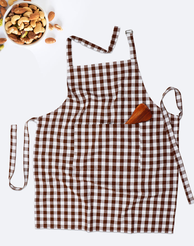 Cotton Gingham Check Brown Free Size Apron Pack Of 1 freeshipping - Airwill
