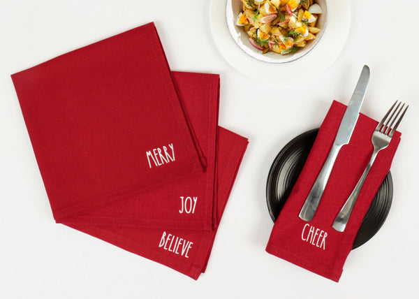 Cotton Solid Red Xmas Merry Joy Kitchen Napkins Pack of 4 freeshipping - Airwill