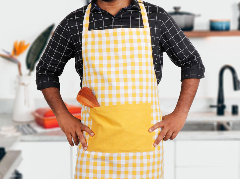 Cotton Gingham Check Yellow With Solid Pocket Free Size Apron Pack Of 1 freeshipping - Airwill