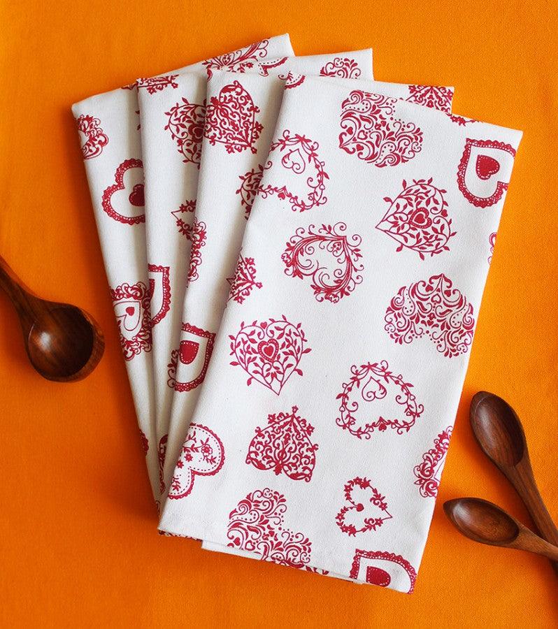 Cotton Red Heart Kitchen Towels Pack Of 4 freeshipping - Airwill